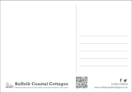 Reverse of A5 postcard for Suffolk Coastal Cottages